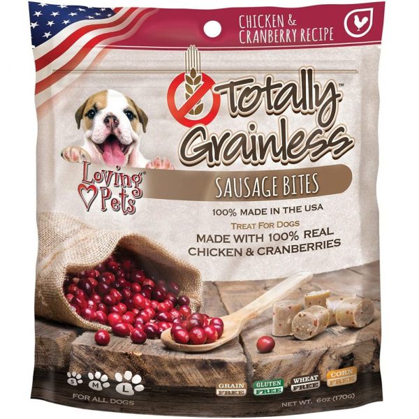 Treats Loving Pets Totally Grainless Sausage Bites Chicken & Cranberries 6oz. Perro-Treats sin granos