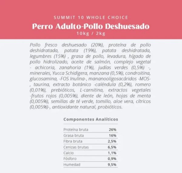 SUMMIT 10 WHOLE CHOICE GRAIN FREE PERRO ADULTO POLLO