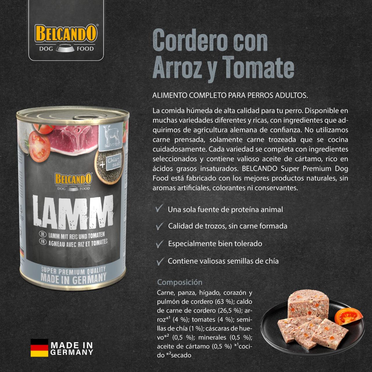 BELCANDO LATA CORDERO, ARROZ Y TOMATE-PERRO