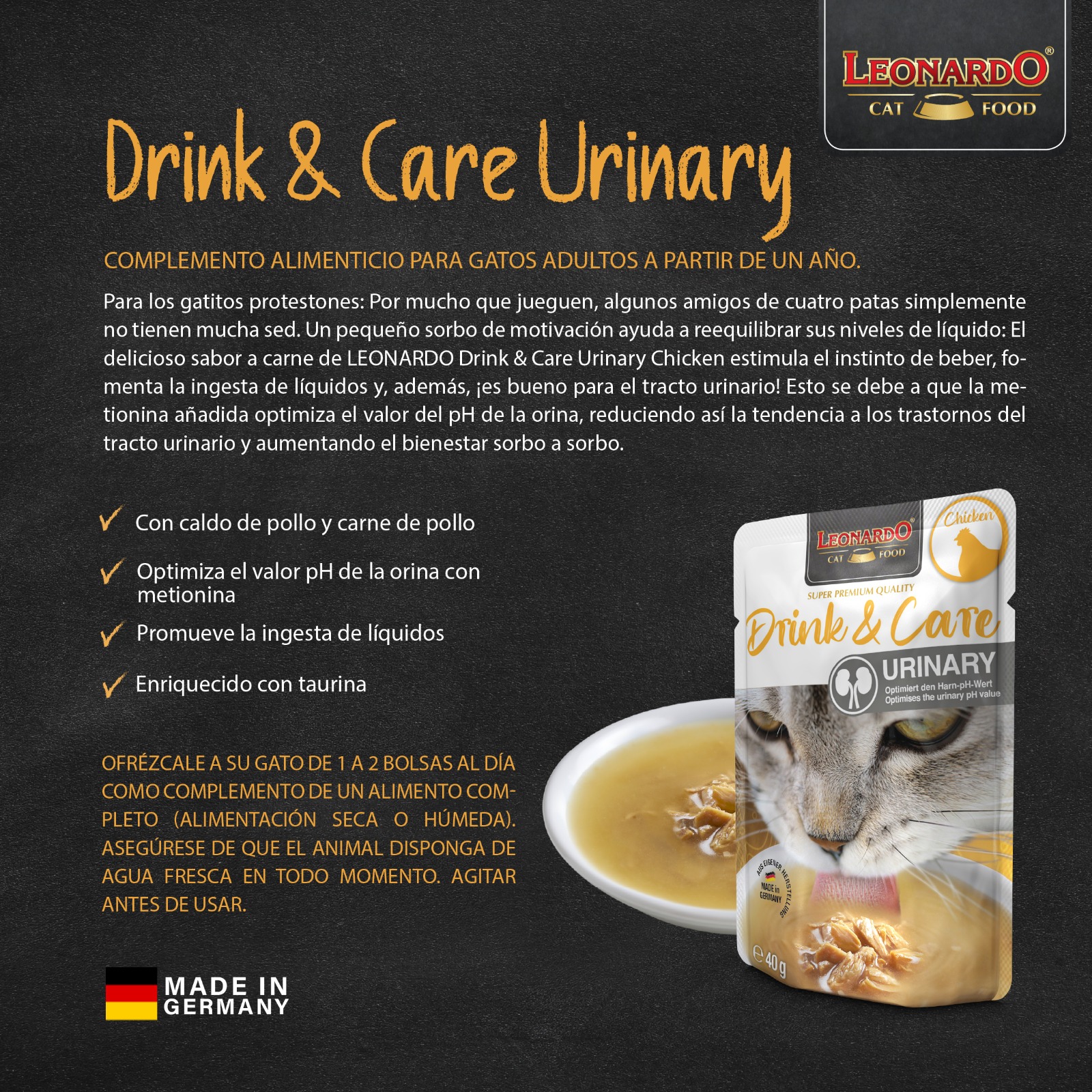 LEONARDO GRAIN FREE DRINK & CARE URINARY GATO-Pouch líquido con trozos de pollo 40g